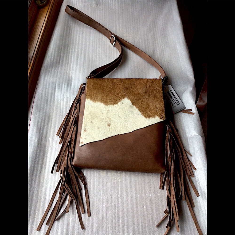 ILI Calf Hair Fur Leather FRINGE Crossbody Saddle Bag Concealed Compartment Brwn